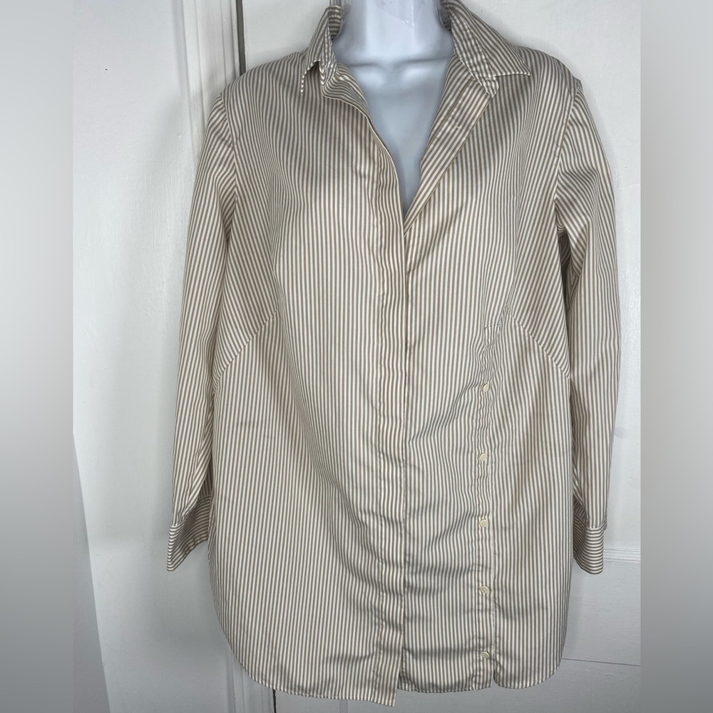 Akris Punto Luxury Beige & White Designer Striped Blouse with Button Details